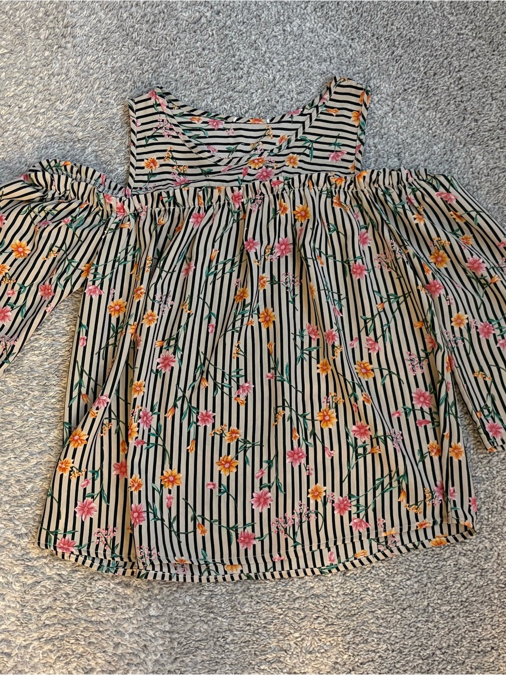 Cold-Shoulder Floral Stripe Top - Black & White with Pink/Yellow Flowers